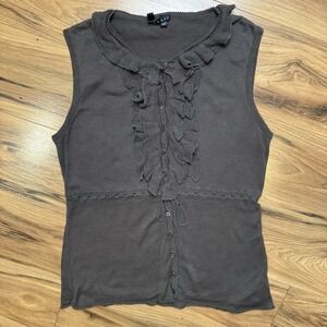VTG Theory y2k Sz M‎ Ruffle Knit Sleeveless Top Tie Waist Brown Fairy Grunge